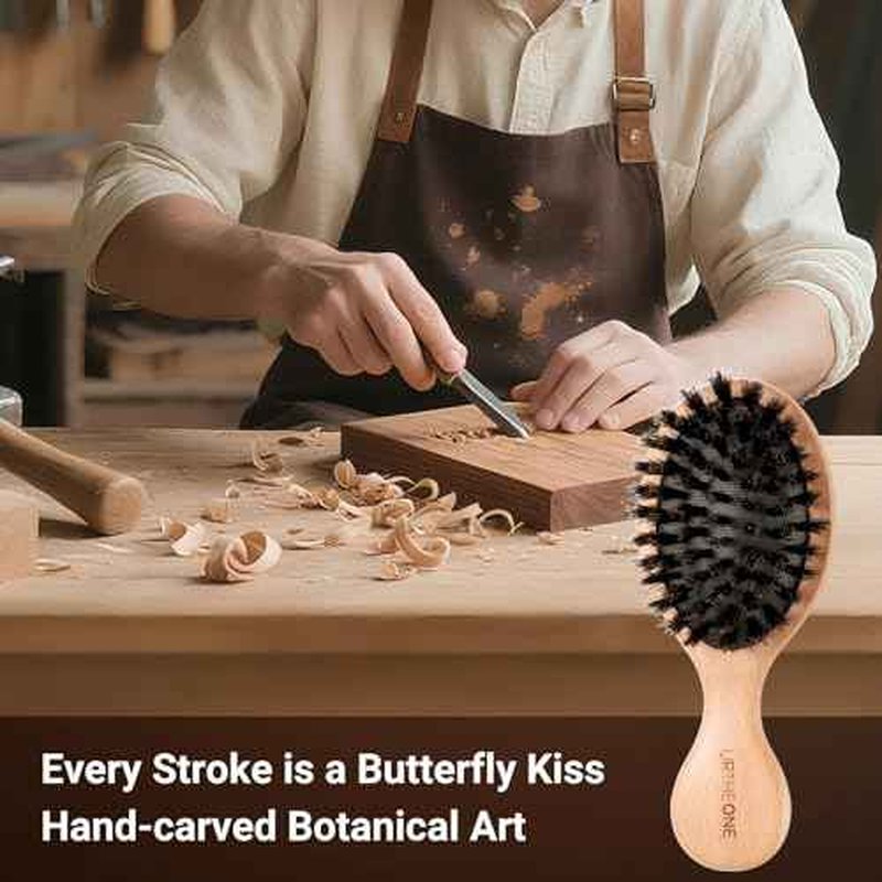 URTHEONE 100% Pure Boar Bristle Hair Brush - Mini Travel Size Wooden Brush for Shine, Frizz Control & Scalp Massage, Natural Pocket Hairbrush for Women Men Kids, Portable for Purse Car Office