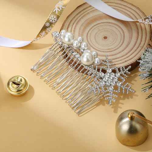 EVER FAITH Crystal Simulated Pearl Winter Snowflake Hair Side Comb Clear Silver-Tone