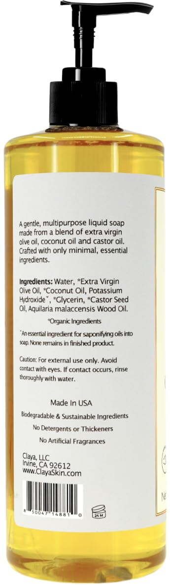 Claya Oud Liquid Castile Soap – Organic Ingredients, Biodegradable, Gentle for Sensitive Skin and Versatile Use (16 fl oz (Pump Cap))