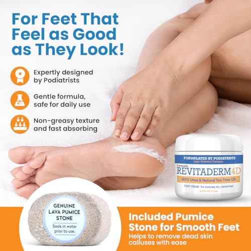 Revitaderm 4D Urea Cream 40% for Feet, Intensive Moisturizing Foot Cream for Dry, Rough, Callused Skin, Includes Free Pumice Stone and Exfoliating Brush, Fast-Absorbing, Fragrance-Free, 4oz, 1 Pack