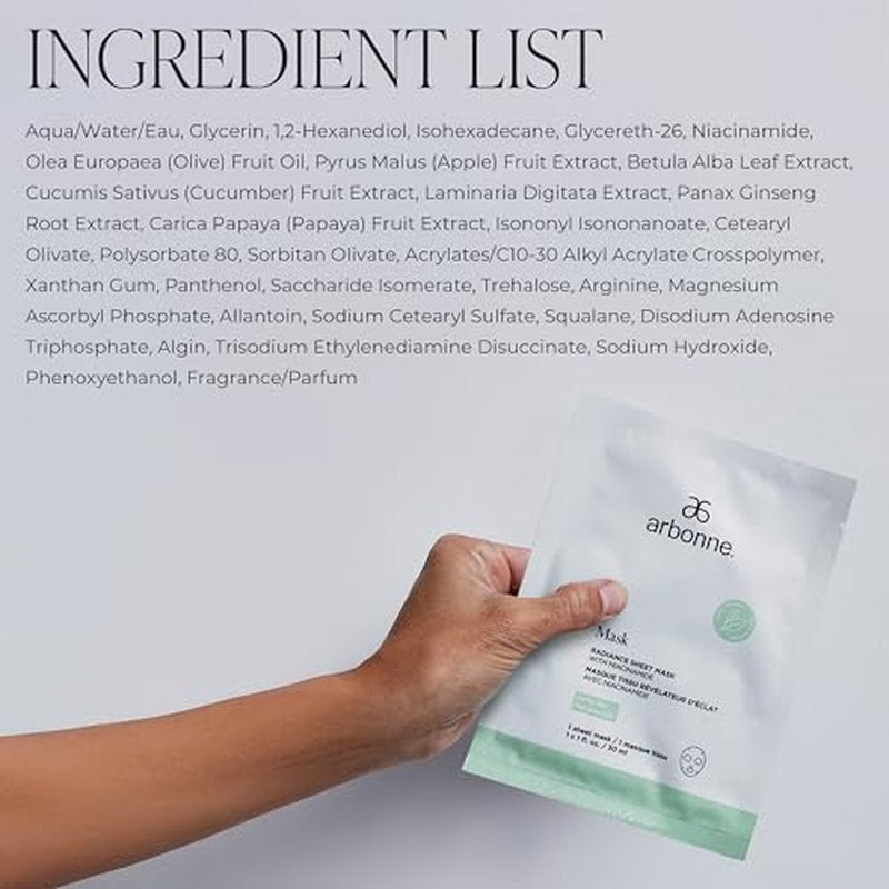 Arbonne Radiance Face Sheet Mask - Sheet Face Mask with Niacinamide for Dry and Dull Skin, Enhance Brightness, Tone, Smooth and Hydrate Skin - 5 Pack