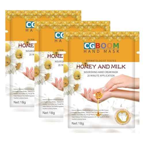 CGBOOM 3 Pairs Hand Masks Moisturizing Gloves, Hand Skin Repair Renew Mask Infused Collagen, Vitamins + Natural Plant Extracts for Dry, Aging, Cracked Hands (Honey and Milk)