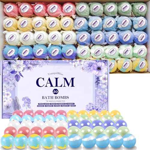TranquilBliss Bath Bombs for Women, 50 PCS Set with 10 Rich Scents, Natural Bubble Bathbombs, Dry Skin Moisturizing, Present for Christmas, Mother¡¯s Day, Birthday, for Mom, Wife, Her, Girls