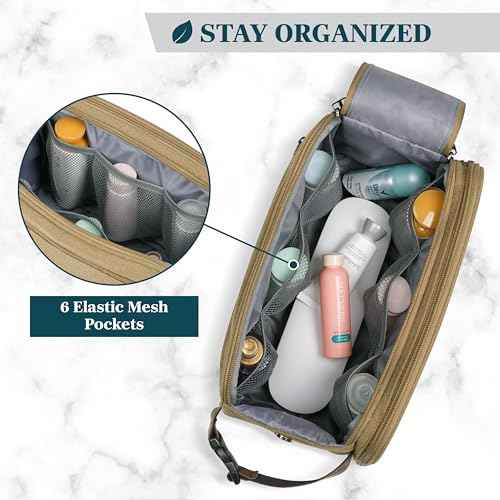 PAVILIA Toiletry Bag for Men, Canvas Travel Dopp Kit, Water Resistant Hygiene Bag Toiletries Organizer, Shaving Kit Travel Accessories Bag, Tan Khaki