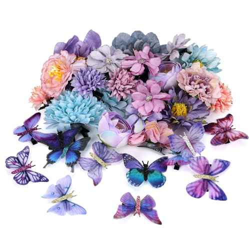 33 Pieces Flower Clip with Butterfly Clip Set Handmade Rose Hair pins Bride Hair Claw Clips Colorful Butterfly Barrettes for Women Girls(Blue Purple)