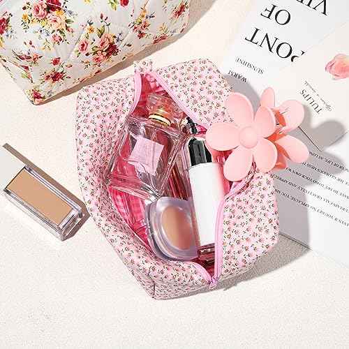 SOIDRAM Quilted Makeup Bag Floral Cosmetic Bag Puffy Coquette Makeup pouch Aesthetic Cute Pink Travel Toiletry Bag Organizer cotton Makeup Brushes Storage Bag for Women