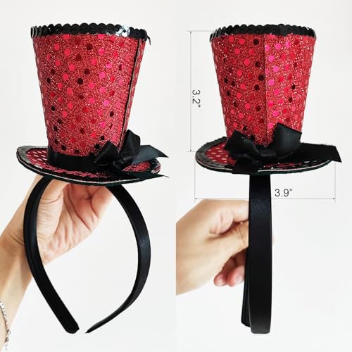WLBON Halloween Mini Top Hat Headband 1920s Bow Sequins Hair Hoops Bands Fascinator Headpiece Hairband Women Christmas Holiday Festival Parade Cosplay Dress Up Birthday Tea Party Accessories Red
