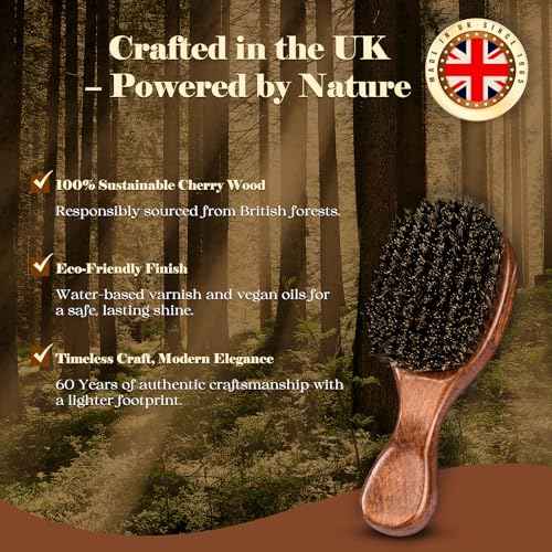 Boar Bristle Hair Brush Since 1965 British Craftsmanship, Handmade Natural Wooden Mini Hairbrush/Beard Brush, Pure Soft Bristles Gentle Detangling Women Men Kids Thin Fine Hair, Smooth & Shine