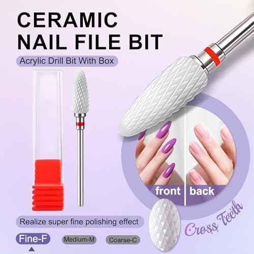 Fantexy 3/32" Ceramic Nail Drill Bit - Remove Acrylic Hard Gels Quickly and Safely,White Ceramic Cone File Bit for Nail Art,Manicure,Pedicure,Gel,Cuticle Clean(Fine - F)
