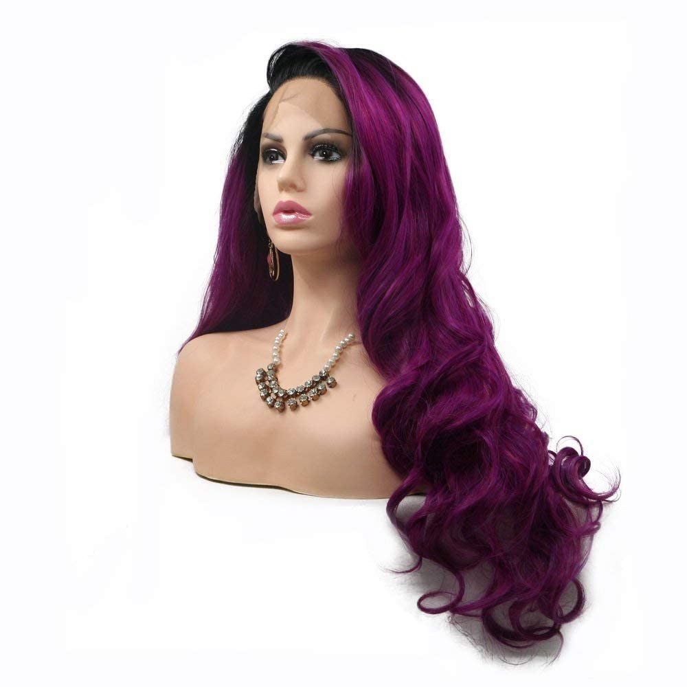 Kalisa Dark Purple Long Wavy Synthetic Lace Front Wig Ombre Purple with Black Root Side Part Wig Heat Resistant Fiber Makeup Wig for Women 24 Inches