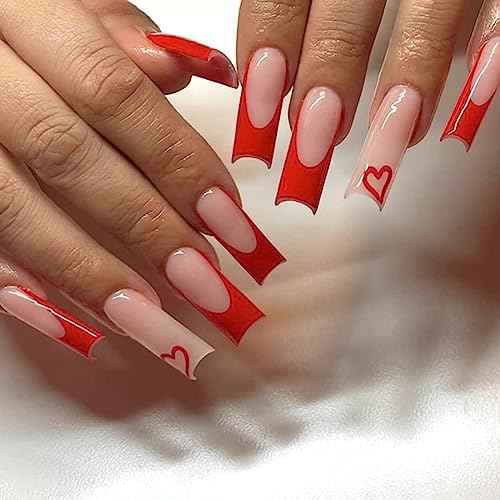 Red French Nails Tips Ballerina False Nails Long Square Press on Nails Full Cover Acrylic Fake Nails for Women and Girls 24PCS