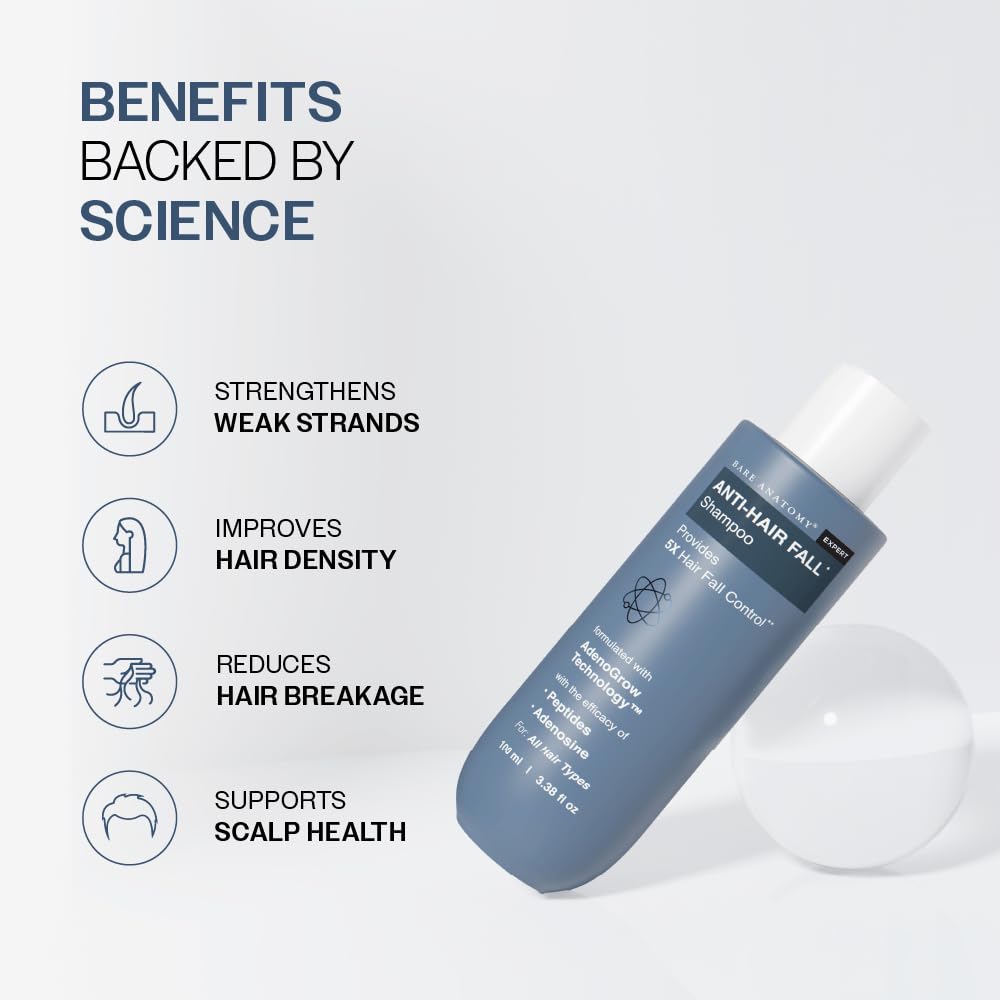 Bare Anatomy Anti-Hair Fall Shampoo | Provides 5x Hair Fall Control | pH 4.6 | Adenosine & Peptides | Strengthens Weak Roots & Reduces Breakage | Sulphate & Paraben Free | Unisex | 100ml