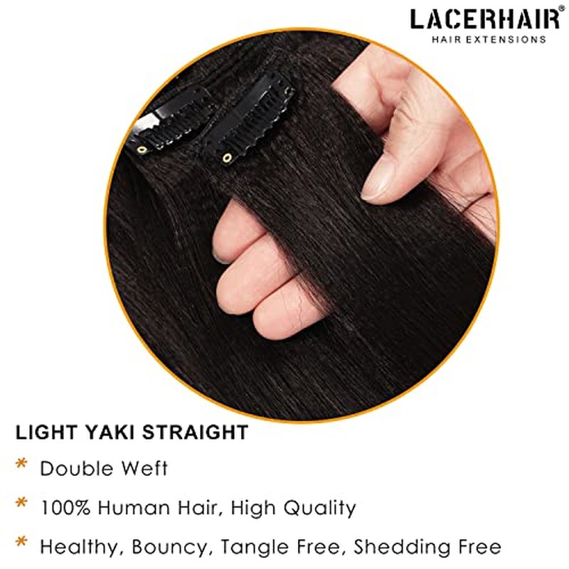 Lacer Light Yaki Straight Clip in Hair Extensions, Natural Black Color Remy Human Hair Clip in Extensions for Black Women Relaxed Hair 120G 7Pieces 12 inch