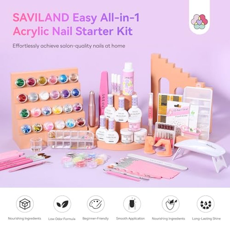 SAVILAND Essentials Acrylic Nail Kit: Premium Easy All-in-1 Nail Kit with Clear White Pink Acrylic Powder EMA Monomer Nail Drill Full Tools For Beginners Extension Carving Home DIY