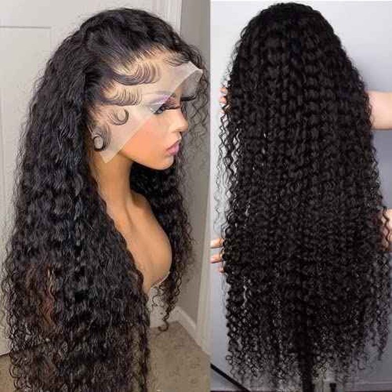 30 Inch Deep Wave Lace Front Wigs Human Hair 180% Density 13x4 HD Transparent Lace Frontal Wigs for Women Curly Glueless Wigs Human Hair Pre Plucked with Baby Hair (30inch,Natural Black)