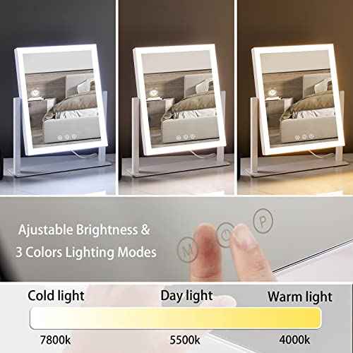 HIEEY Lighted Makeup Mirror, Hollywood Vanity Mirror with Lights, Three Color Lighting Modes, and 5X Magnification Mirror, Smart Touch Control, 360¡ÆRotation (14.1in,White,Gift Box)