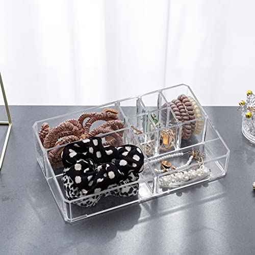 Yesesion Plastic Makeup Storage Organizer, Clear Cosmetics Display Case for Bathroom Counter, Dresser, Small Vanity Holder for Beauty Supplies, Makeup Brushes, Perfume, Lipsticks (8 Compartment)