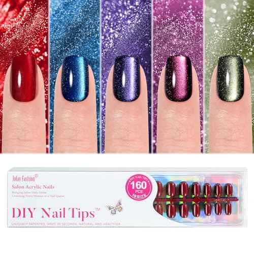 Cat Eye Press on Nails Short 5 Styles, Jofay Fashion 160Pcs Salon-Like Fake Nails with Glitter Chasing Light Cat Eye Designs, Christmas Artificial Acrylic Nails Glue on Nails Stick on Nails for Women