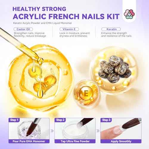 SAVILAND Acrylic Nail Kit: Keratin Acrylic Powder with Castor Oil Vitamin E Nail Primer Nail Glue French Tips Pink Rhinestones Complete Tools Everything for Beginners DIY Home Salon Christmas Gift