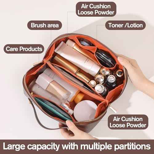 Makeup Bag, Travel Toiletry Bag for Women, Large Capacity Waterproof PU Leather Cosmetic Bags Make Up Organizer Bags with Headband and Wristband Set (Black, Lychee Pattern)