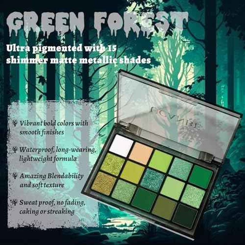 UCANBE Green Eyeshadow Makeup Palette, 15 Colors Bright Dark Green Shimmer Matte Metallic Glitter Eye Shadow, Forest Emerald Lime Pallet Kit for Cosplay Parties Christmas Halloween SFX