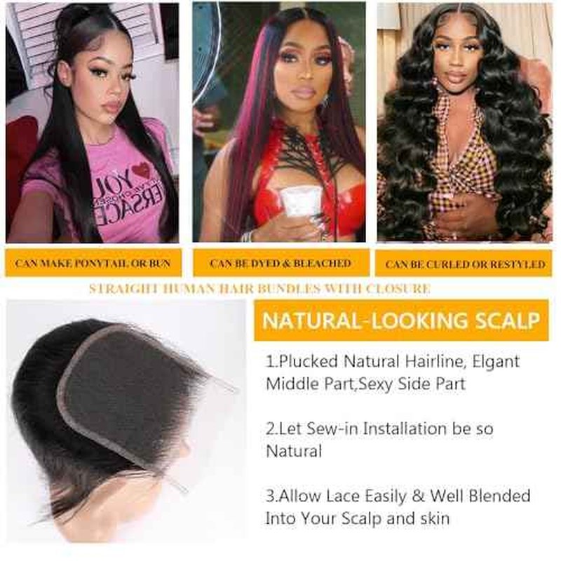 QTHAIR 16A Grade Brazilian Straight Human Hair Bundles with 4X4 HD Lace Closure(18" 20" 20"+16"Free Part Lace Closure,Natural Black) 100% Unprocessed Brazilian Virgin Hair Extensions for Women