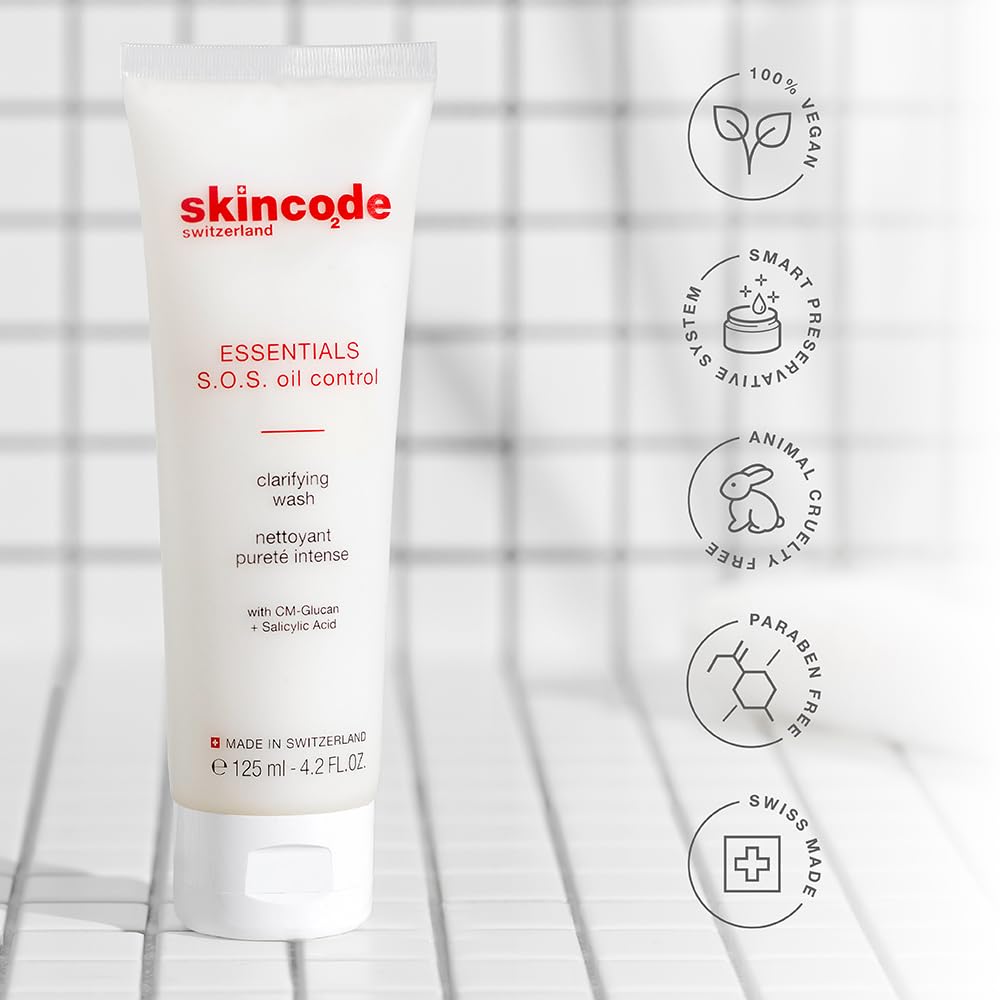 Skincode S.O.S Oil Control Clarifying Wash - Pore-Refining, Breakout-Reducing Cleanser | Advanced Pore-Cleansing Formula | Dermatologist Tested, Free from Parabens & Fragrance (4.2 Oz / 125 mL)