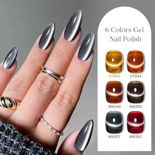 MEET ACROSS Amber Cat Eye Gel Polish Set Brown Glitter Gel Polish Kit Nude Cat Eye Gel Nail Polish Magnet Translucent Soak Off UV Cateye Nail Polish with Magnet Fall and Winter Gifts
