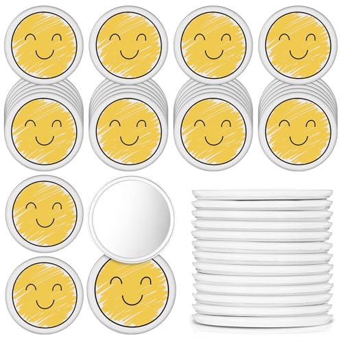 Geetery 30 Pcs Inspirational Smile Face Compact Mirrors Bulk Mini Pocket Mirrors Emoticon Gifts for Students Party Favors Yellow Portable Birthday Wedding Shower Party Supplies