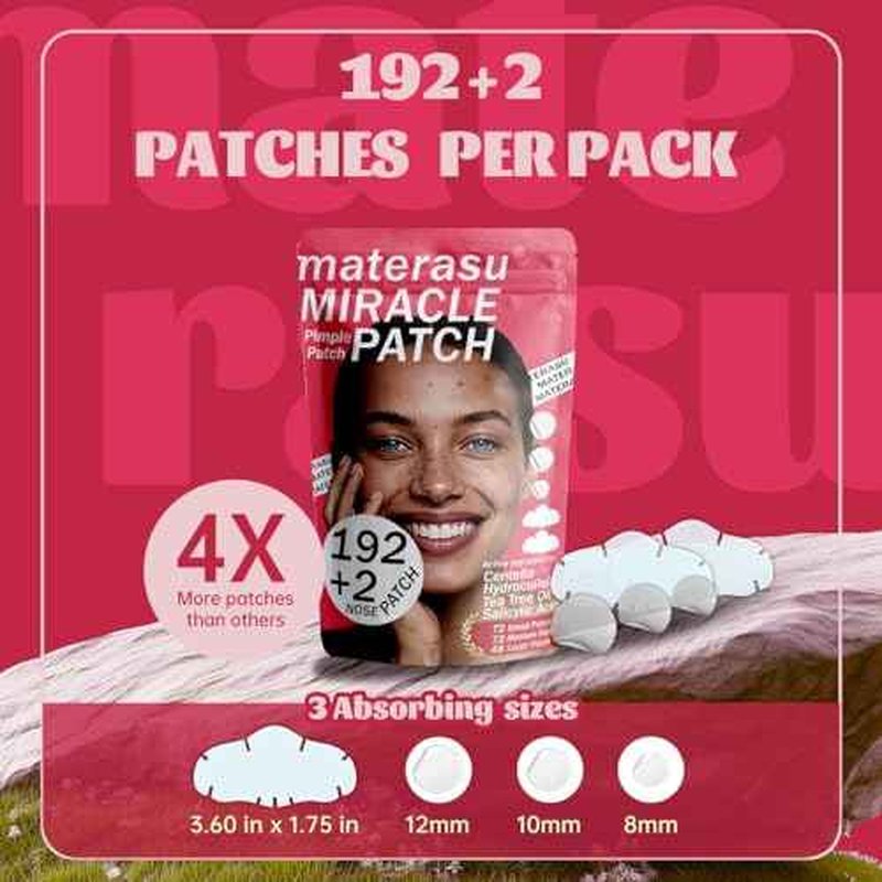 194pc Pimple Patches (192+2 Patches),3 Size with 2 Nose Hydrocolloid Acne Patches with Tea Tree Oil
