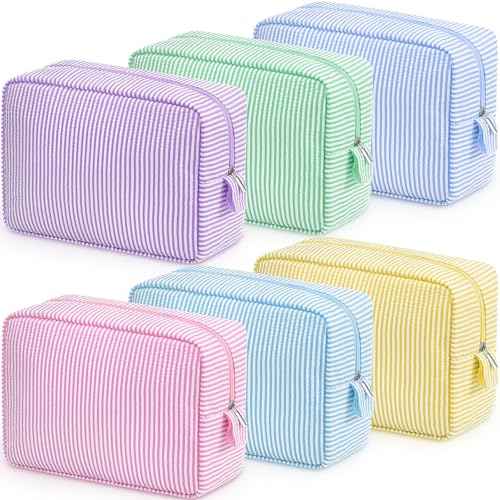 Sanwuta 6 Pcs Seersucker Cosmetic Bag Bulk Pinstripe Makeup Bag for Women Aesthetic Cute Travel Toiletry Organizer Preppy Storage Pouch for Wedding Bridesmaid Christmas Gift(Large,Macaron Color)