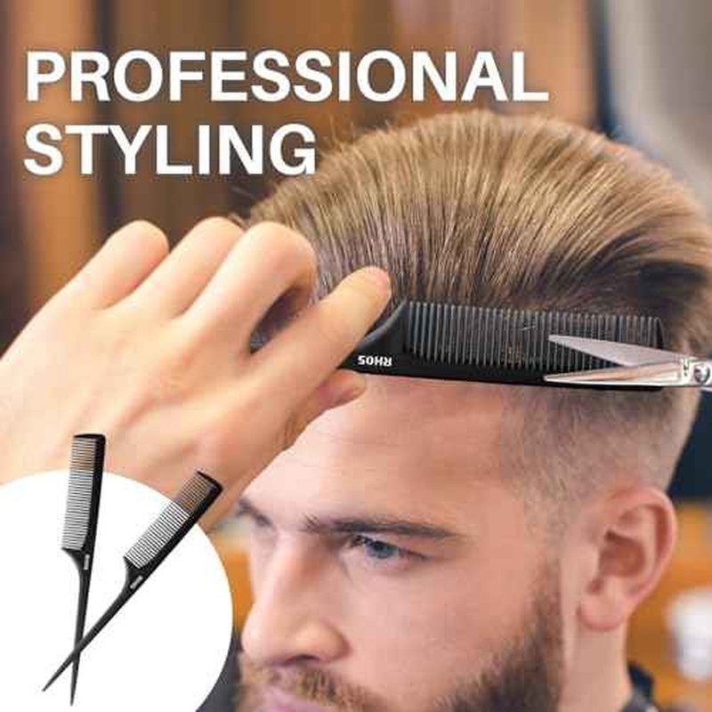RHOS Rat Tail Combs for Parting, Fine Tooth Teasing Comb with Pick, 2 Pack Hair Styling Combs Set for Women and Men, Black, ABS Material