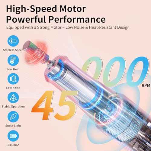 Electric Nail Drill Machine 45,000RPM - Professional Electric and Rechargeable Nail Drill with LCD Display, 6 Bits and 30 Sanding Bands, Low Heat Quiet E-File for Acrylic Gel Nails (Light Pink)