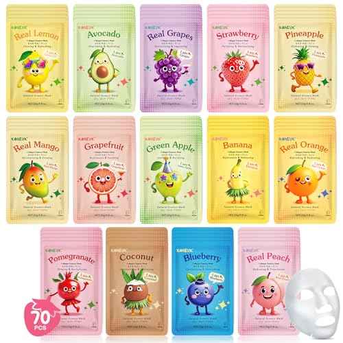 70 Pack Collagen Hydrating Face Masks Skincare for Women, Cute Fruit Face Mask Skin Care for Kids Teens, Bulk Sheet Facial Masks Set for All Skin Types, Spa Party Supplies for Girls, Birthday Gifts