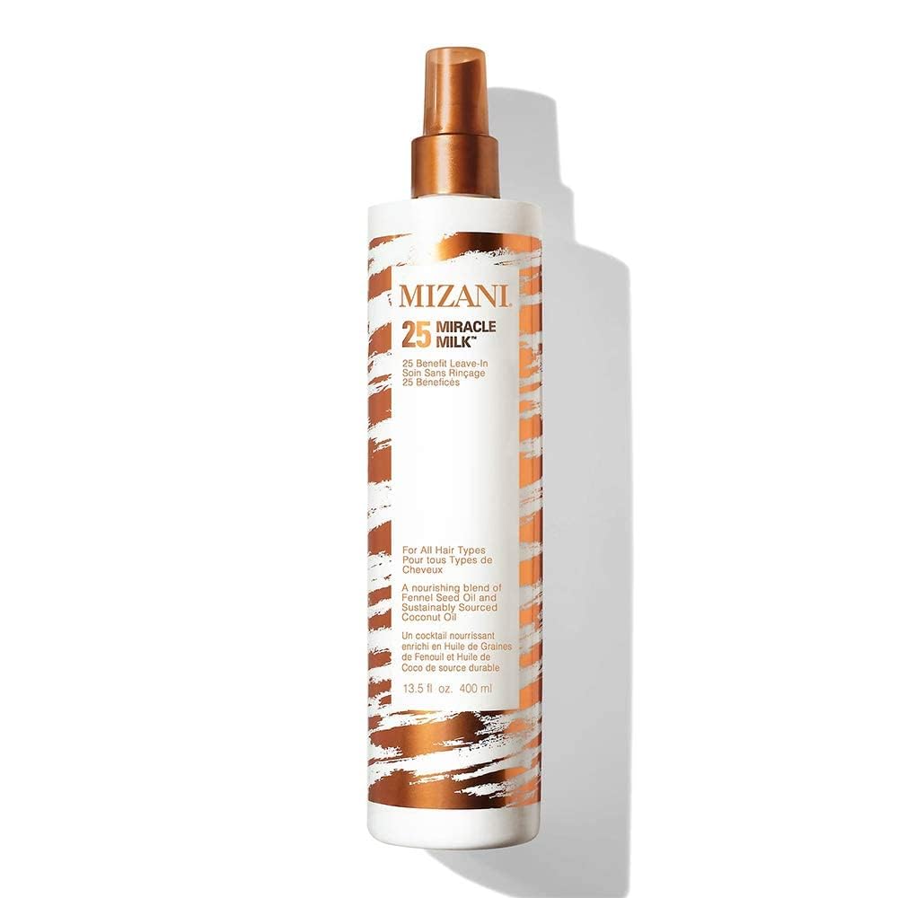 Mizani 25 Benefit Miracle Milk Leave-in Conditioner - Anti-Frizz Detangler Spray For Hair Shine, Heat Protectant, For Frizzy & Curly Hair, With Coconut Oil, 13.5 Fl Oz