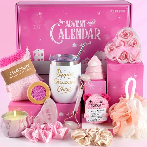 Spa Advent Calendar 2025 Adult Women Teen Girls - Christmas Bath Advent Calendar for Mom, Wife, Girlfriend, Sister, Her - Pink Spa Gifts Basket Set with Mugs, Bath Bomb, Shower Steamer, Candle & Relaxing GuaSha Tools