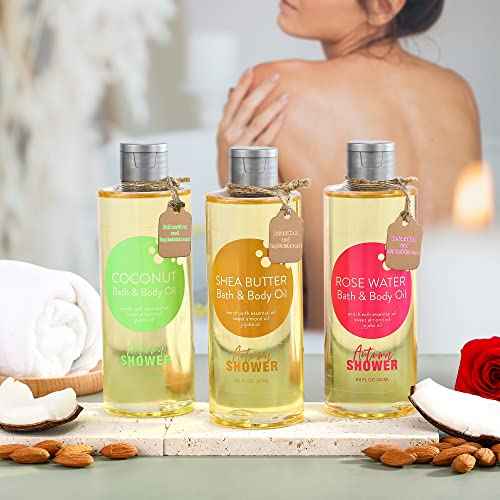Bath and Body Oil with Sweet Almond Jojoba, Shea Butter, Rose Water, Coconut Bath Oils Mother's Day Gift for Women, Multiuse Oil for Hair Dry Skin 26.4 fl oz (Pack of 3)