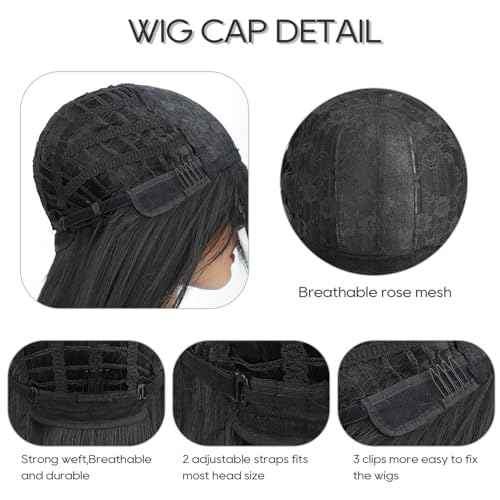 28 inch Long Straight Black and White Cosplay Wig with Bangs Natural Hair Fiber Synthetic Wig for Women and Girls, Perfect for Halloween,Holidays, Festivals, Christmas, Parties, and Cosplay