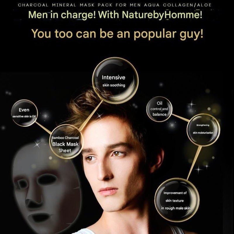 Charcoal Mineral Mask Pack for Men - Korean Skincare Face Treatment | Aloe Soothing, 10 Sheets