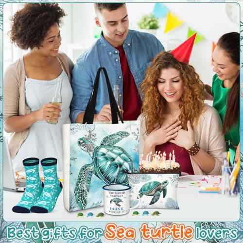 Sea Turtle Lover Gifts for Women Birthday Gifts Baskets Set Include Canvas Tote Bag, Makeup Bag, Socks, Keychain, Enamel Mug, Small Figurines for Mom, Wife, Sister, Friend