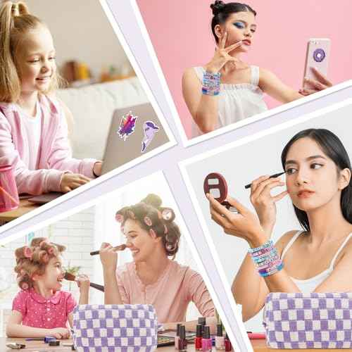 Preppy Checkered Makeup Bag Set with 7 Pcs Friendship Bracelets and 50 Purple Stickers Cute Cosmetic Travel Pouch Teen Girls' Gifts Perfect for Skincare Supplies Birthday Gift Idea, 58 Pcs
