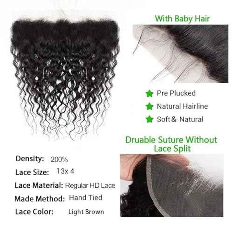 Kapelli Hair 30 Inch 13x4 Lace Frontal Water Wave Regular HD Lace Frontal, 200% Density, 100% Brazilian Virgin Human Hair Ear to Ear HD Lace Pre Plucked with Baby Hair Natural Black Color