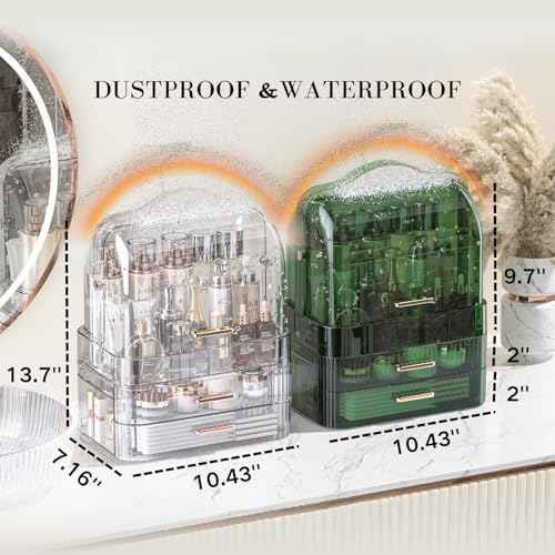 LINFIDITE Cosmetics Storage Box Transparent Lid Large Makeup Organizer Box Drawers Portable Handle Waterproof Dustproof Skincare Display Cases for Countertop, Bathroom, Dresser,Gift Clear Green