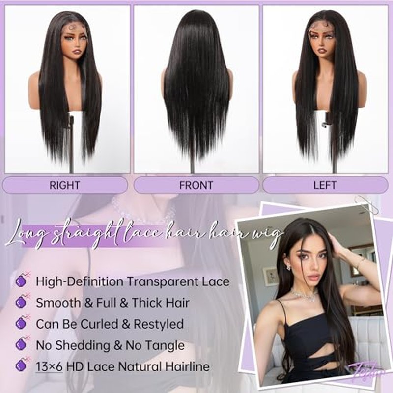 testar Black Lace Wigs 13x6 HD Lace Frontal Straight Wigs with Baby Hair 30 Inch Natural Black Lace Wig Synthetic Wig for Women Daily Use