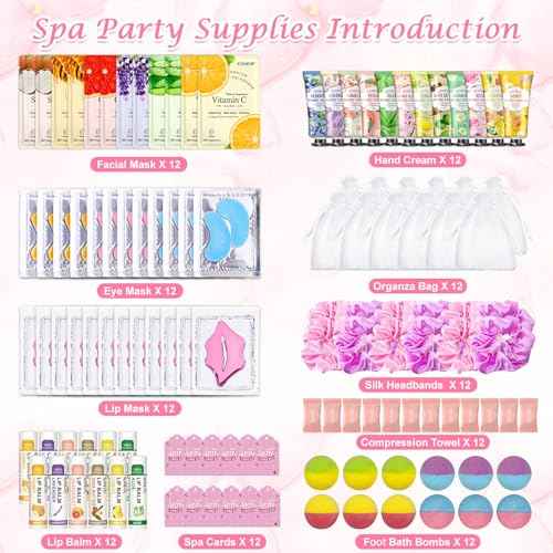 120 PCS Spa Party Supplies for Women, Spa Party Favors Include Face Masks Skincare, Hand Cream, Lip Balm, Under Eye Patches, Lip Mask and Foot Bath Bombs, Spa Birthday Sleepover Party Supplies