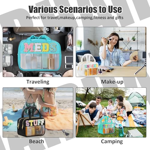 Chenille Letter Clear Makeup Bags Snacks Bag for Travel, Preppy Patch Nylon Cosmetic Pouch with Handles and Zipper, Waterproof Large Clear Travel Toiletry Purse Storage for Women White