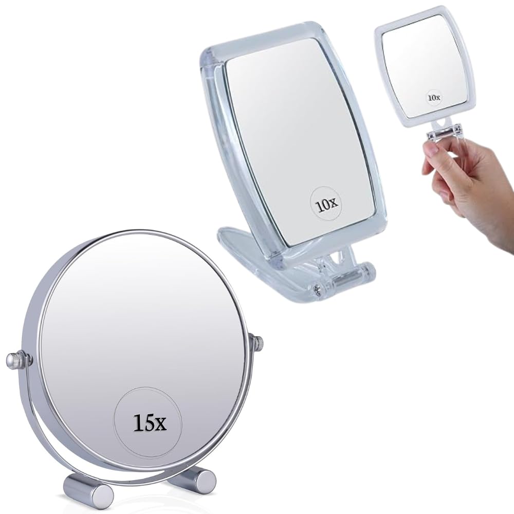 Small Double Sided 15x /1xMagnifying Tabletop Makeup Mirror for Desk, Dressing Table and Retail Store & 10X/1X Foldable Magnifying Hand Makeup Mirror, 3-in-1 Hand Mirror Bundle