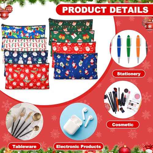 Meanplan 24 Pcs Christmas Cosmetic Bags Christmas Canvas Travel Makeup Bags Snowman Snowflake Santa Cosmetic Organizer with Zipper for Women Girl Xmas Party Gifts Supplies