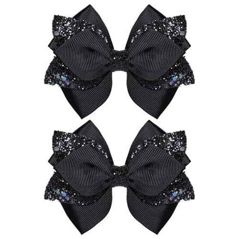 2pc Glitter Black Ribbon Hair Bow Clips 4inch Shiny Alligator Barrettes Pins for Teens Girls Kids Women Graduation Halloween Dress up Party Costume outfit Decor Accessory