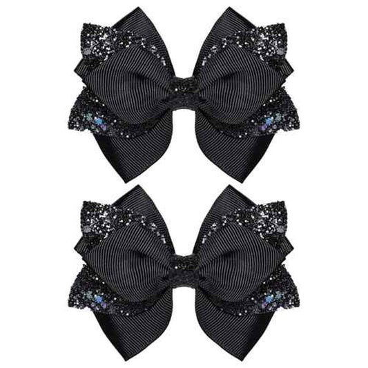 2pc Glitter Black Ribbon Hair Bow Clips 4inch Shiny Alligator Barrettes Pins for Teens Girls Kids Women Graduation Halloween Dress up Party Costume outfit Decor Accessory